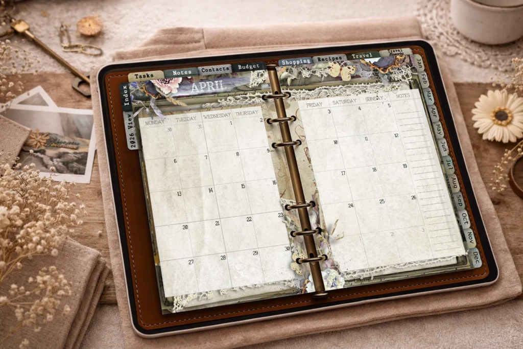 Calm monthly digital planner overview displayed on an iPad
