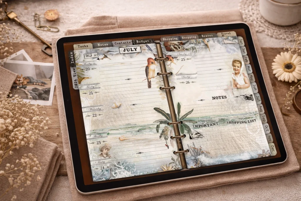 Digital planner weekly overview displayed on an iPad