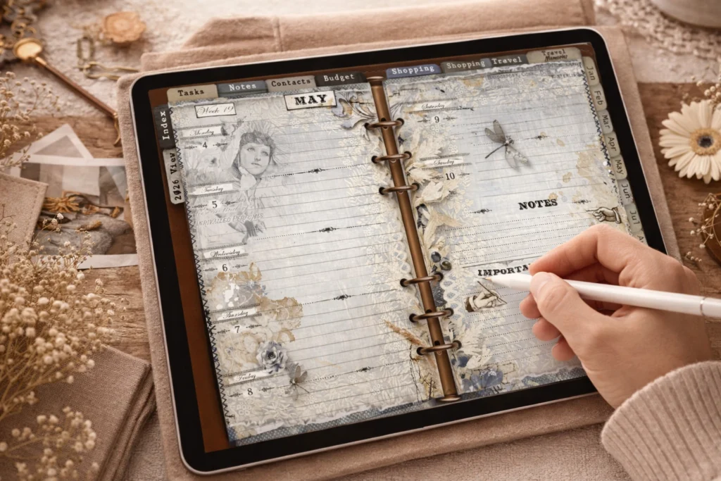 Weekly digital planner spread open on an iPad, written on with an Apple Pencil
