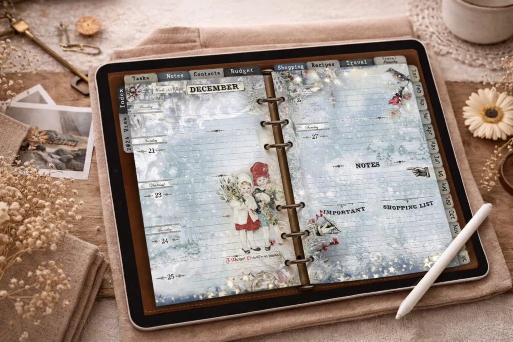 Weekly digital planner spread displayed on an iPad without visible app interface