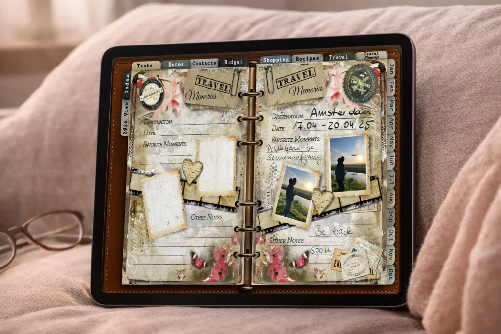 Digital planner travel memories page with photos, handwritten notes, and vintage-style layout on an iPad