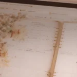 Digital planner open on an iPad with handwritten notes, stylus, and soft floral design on a wooden desk