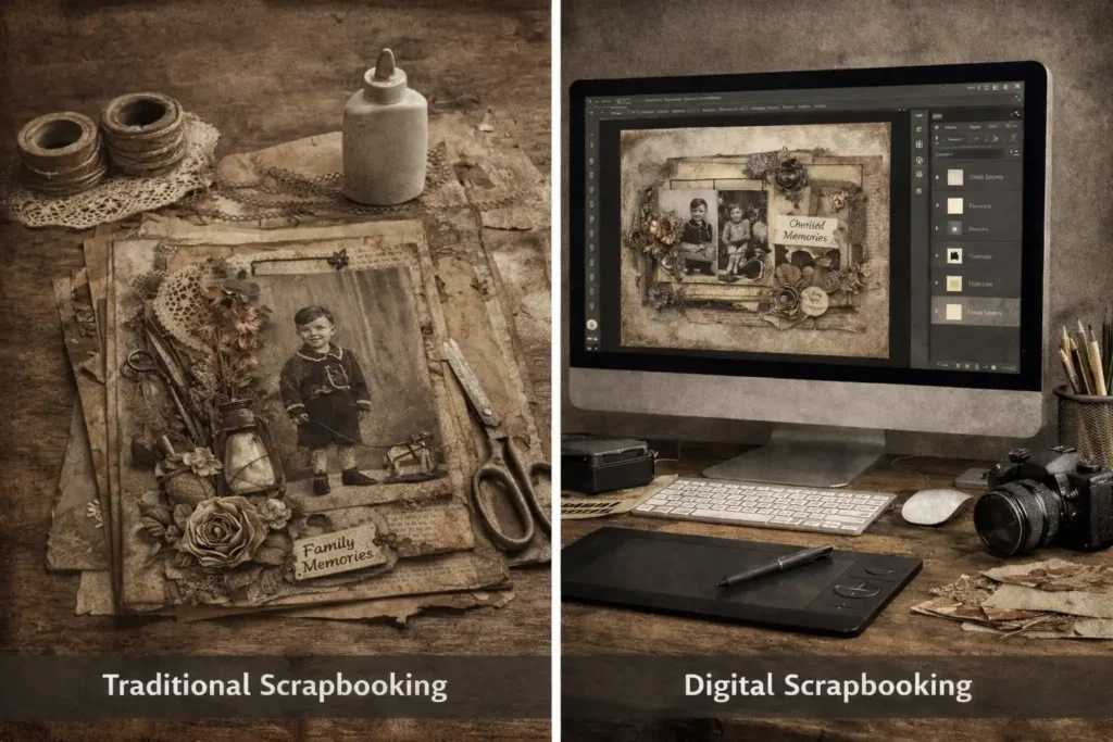 Comparison of traditional and digital scrapbooking using a vintage distressed style layout