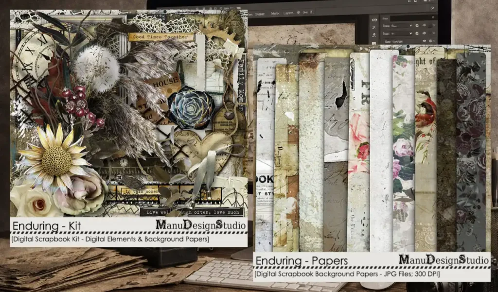 Digital scrapbooking kit showing decorative elements and separate background papers in vintage style
