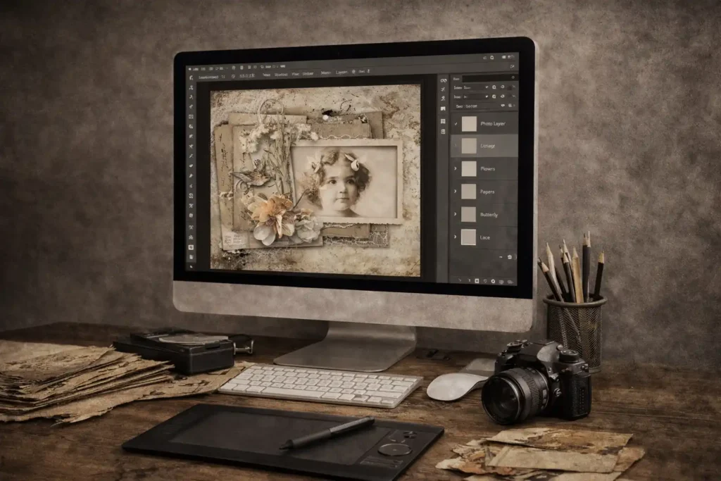 Digital scrapbooking workspace showing design software with layered scrapbook layout on screen