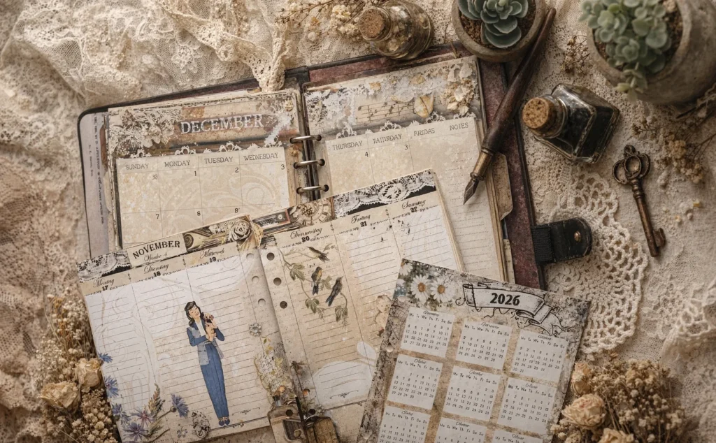 Vintage printable planner pages showing daily, weekly, monthly and year-at-a-glance layouts arranged in a ring binder