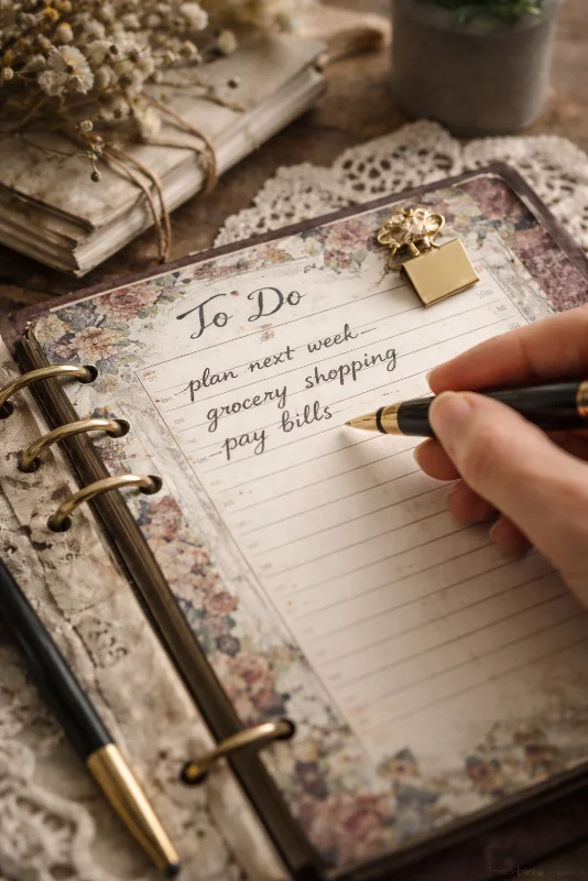 Close-up of a vintage printable planner with handwritten notes, pen and decorative details on a soft background