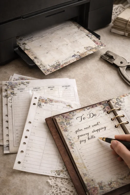 Printable planner pages being printed and prepared at home with a printer, ring binder and hole punch