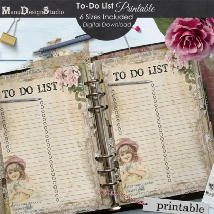 Vintage to do list printable displayed in an open ring planner with dried flowers and antique writing tools