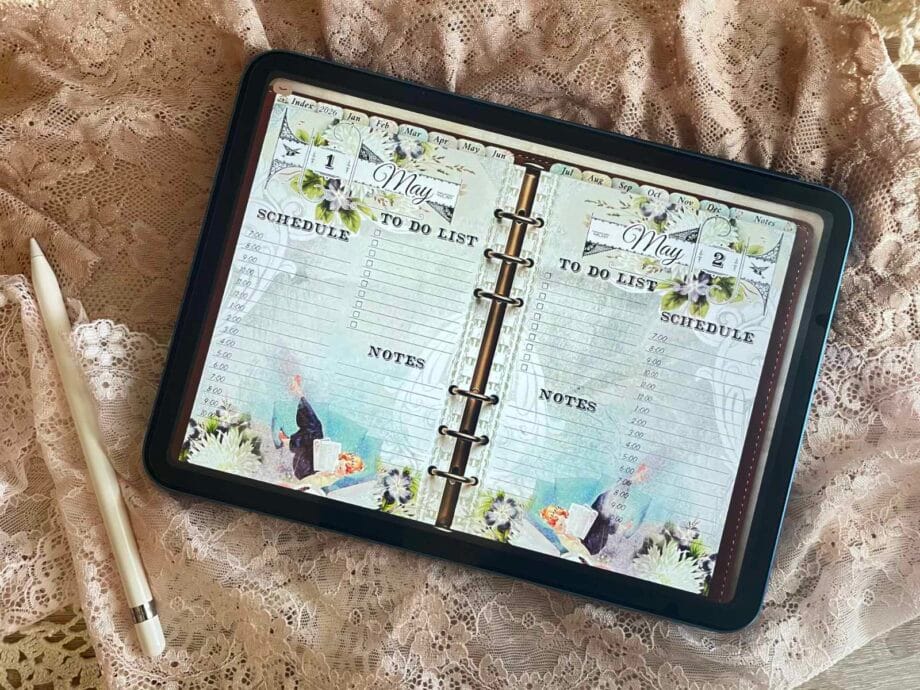 Vintage Digital Planner 2026 daily page layout displayed on iPad with Apple Pencil