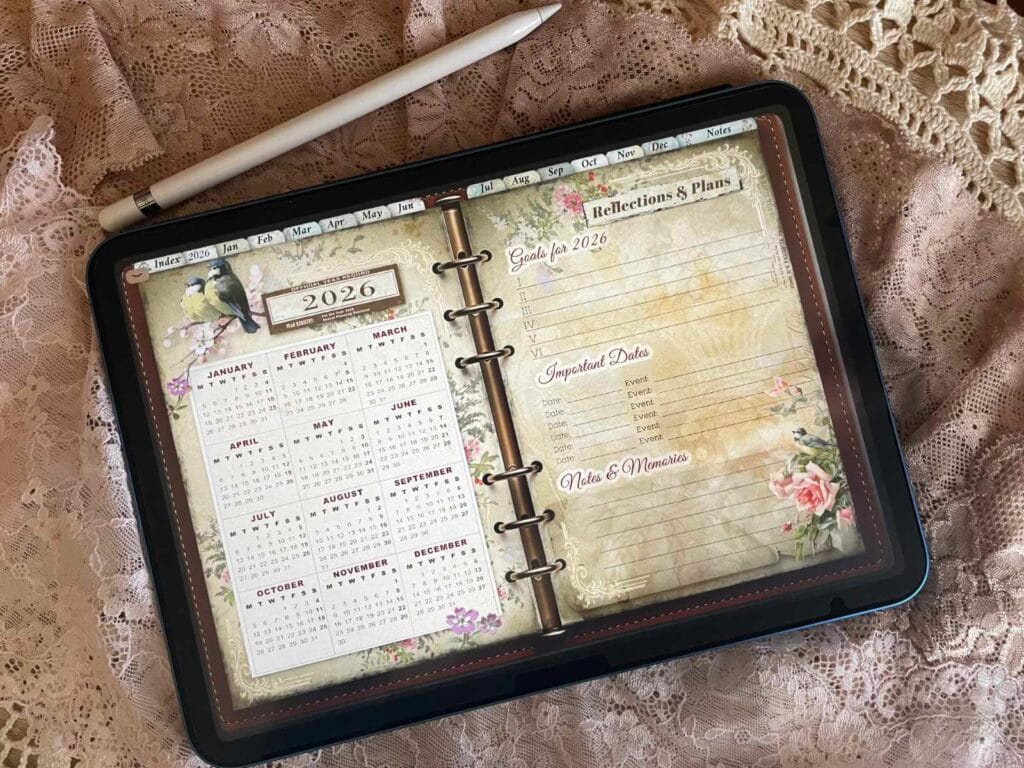 Year at a glance and goals page in the Vintage Digital Planner 2026 displayed on iPad