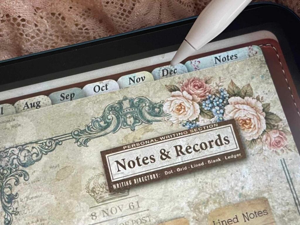 Close-up of hyperlinked monthly tabs in the Vintage Digital Planner 2026 on iPad