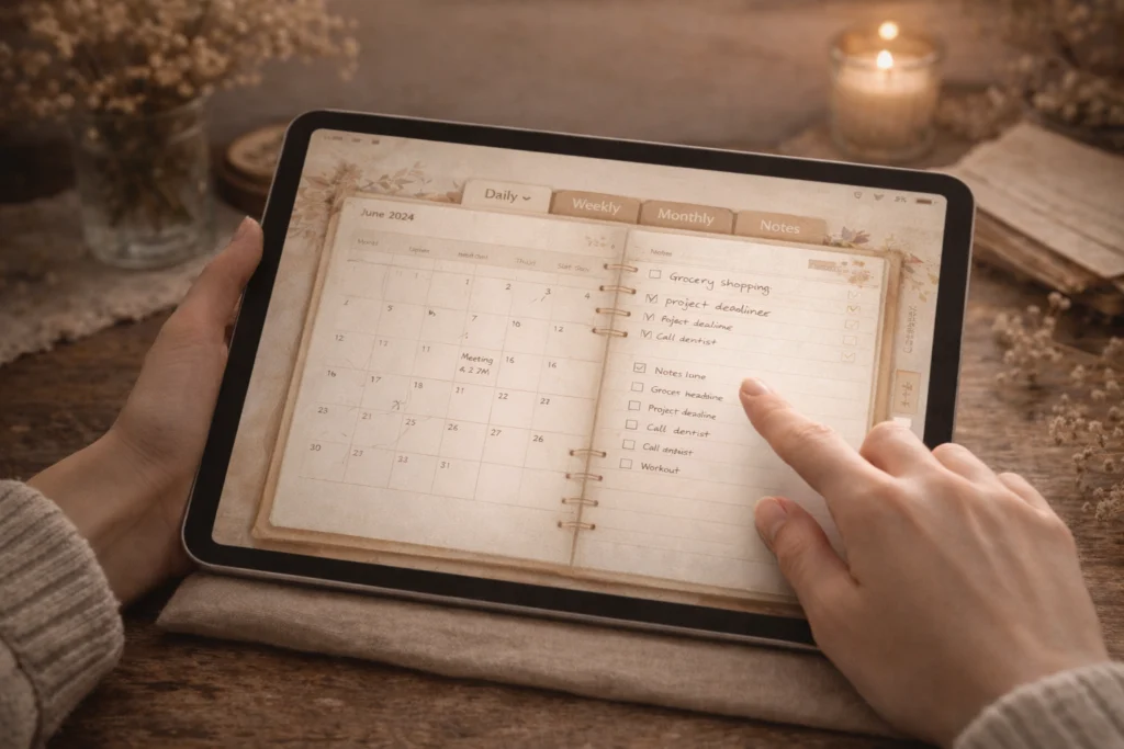 Digital planner on an iPad showing tabs and linked sections for daily, weekly, and monthly planning