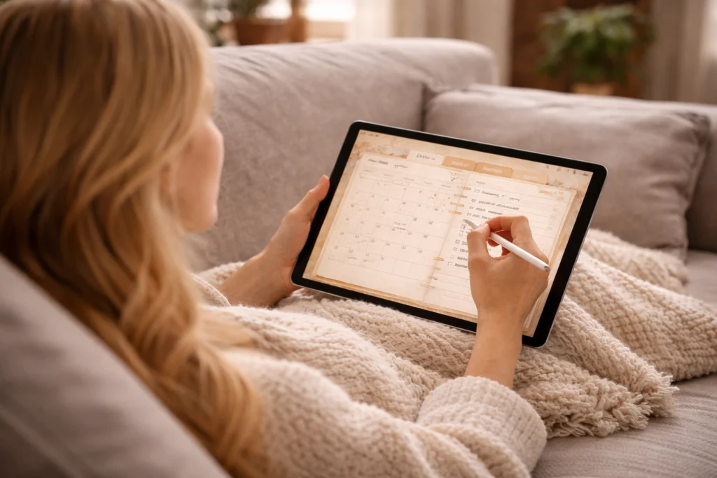 Woman using a digital planner on an iPad while relaxing on a sofa at home