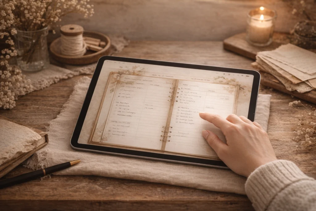 Digital planner open on an iPad with handwritten notes and typed text on a warm wooden desk