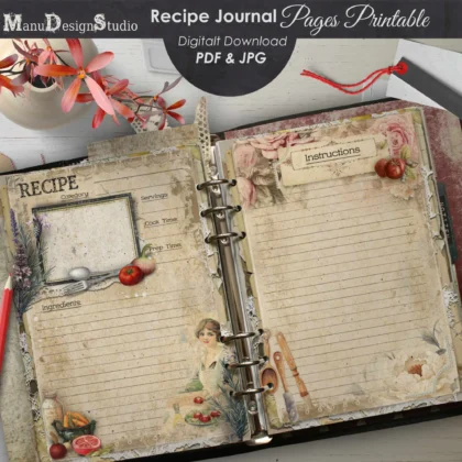 Vintage recipe journal printable pages with space for ingredients, instructions and recipe photos in a ring binder layout