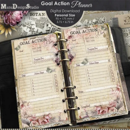 Vintage Goal Action Planner printable for Personal Size ring planners with rose and lace design, action steps, progress tracker and notes section