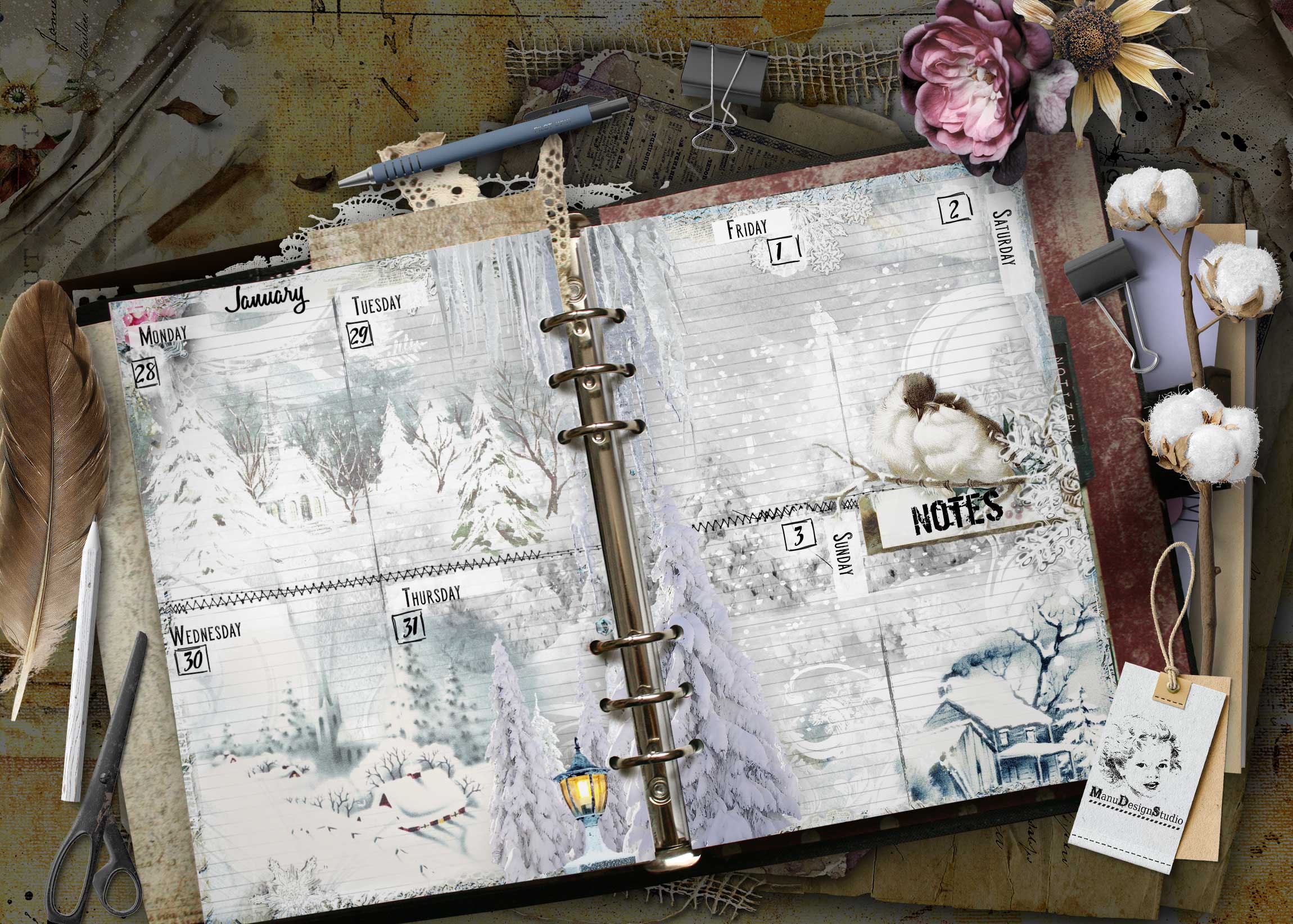 Open planner with January calendar pages, a blue pen, binder rings, and winter-themed decorations on a desk, conveying planning and organization accessibly. 2027 A5 weekly planner inserts with vintage illustrated scrapbook design