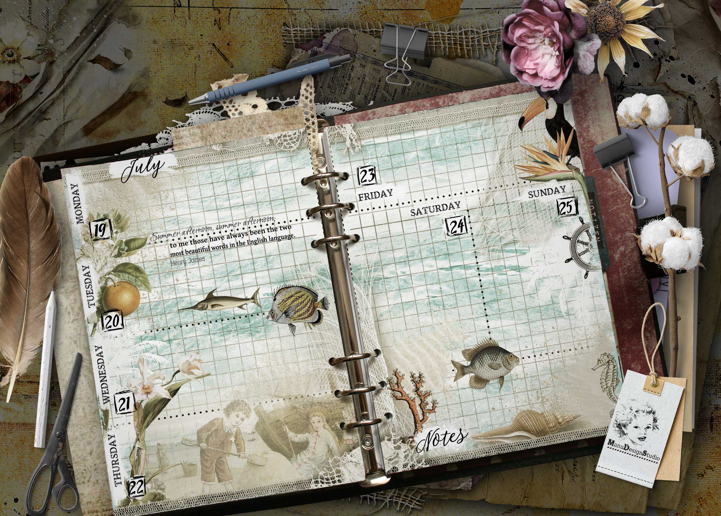 A vintage scrapbook collage showing a ring-bound planner with July calendar pages, lace trim, a blue pen, scissors, and dried flowers. Vintage illustrated A5 weekly planner with travel and nature inspired details