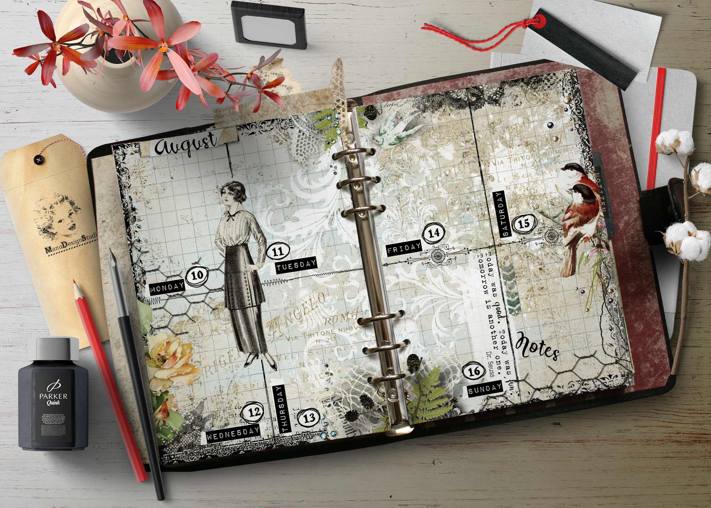 Open vintage planner on a white wooden desk, featuring day labels, decorative patterns, and a vase of pink flowers nearby.