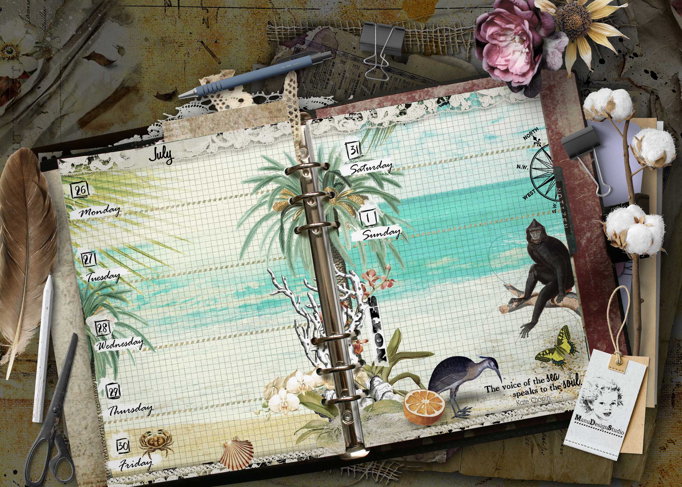 Open spiral-bound planner page showing a tropical weekly layout (July) with palm tree art, surrounded by scissors, pen, and decorative flowers on a textured desk. A5 vintage weekly planner with tropical illustration and botanical details
