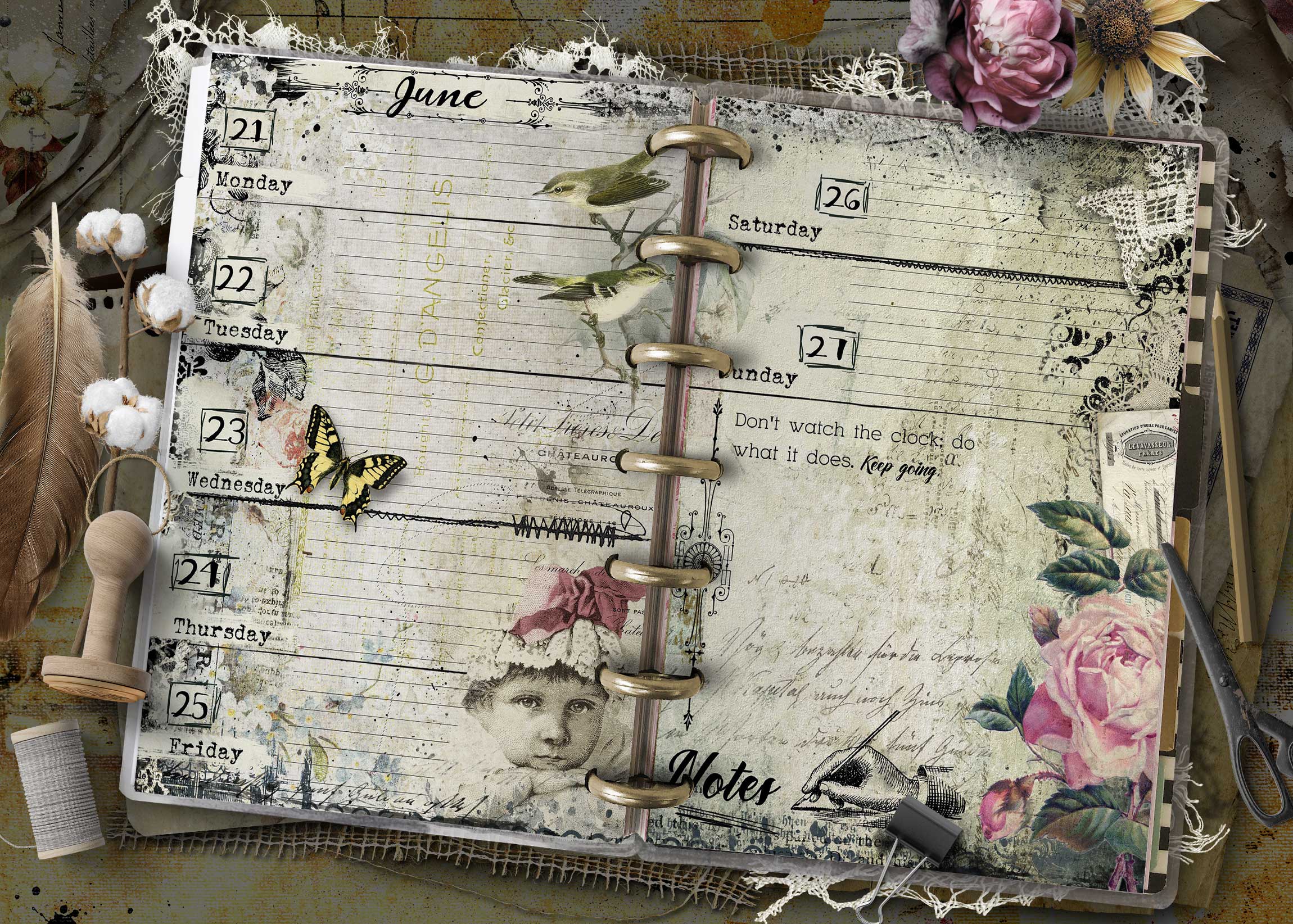 2027 Happy Planner Mini weekly planner pages with floral vintage collage