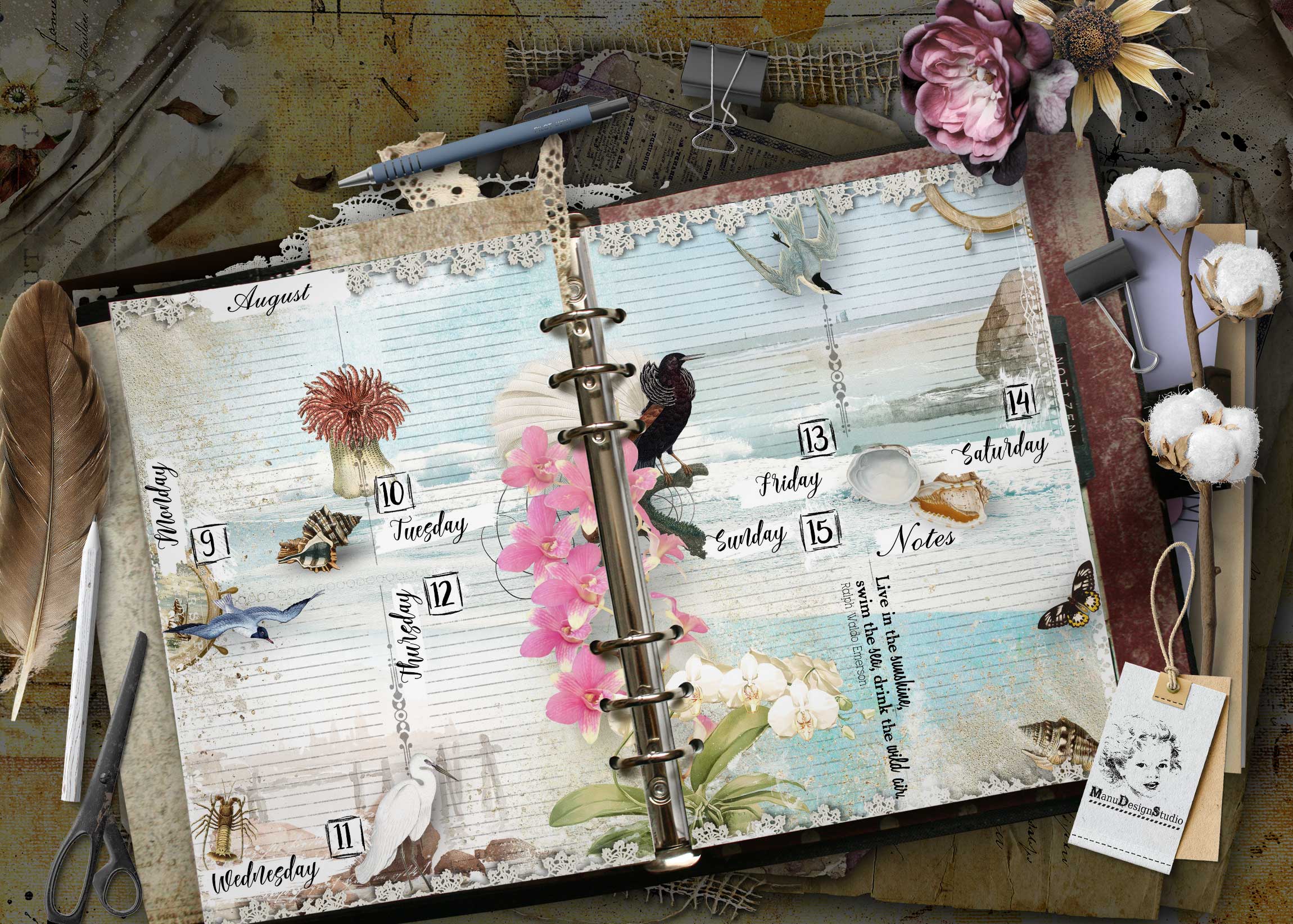 Open scrapbook planner with handwritten days of the week, pastel flowers, and lace trim. A5 weekly planner pages with vintage floral illustrations and scrapbook details