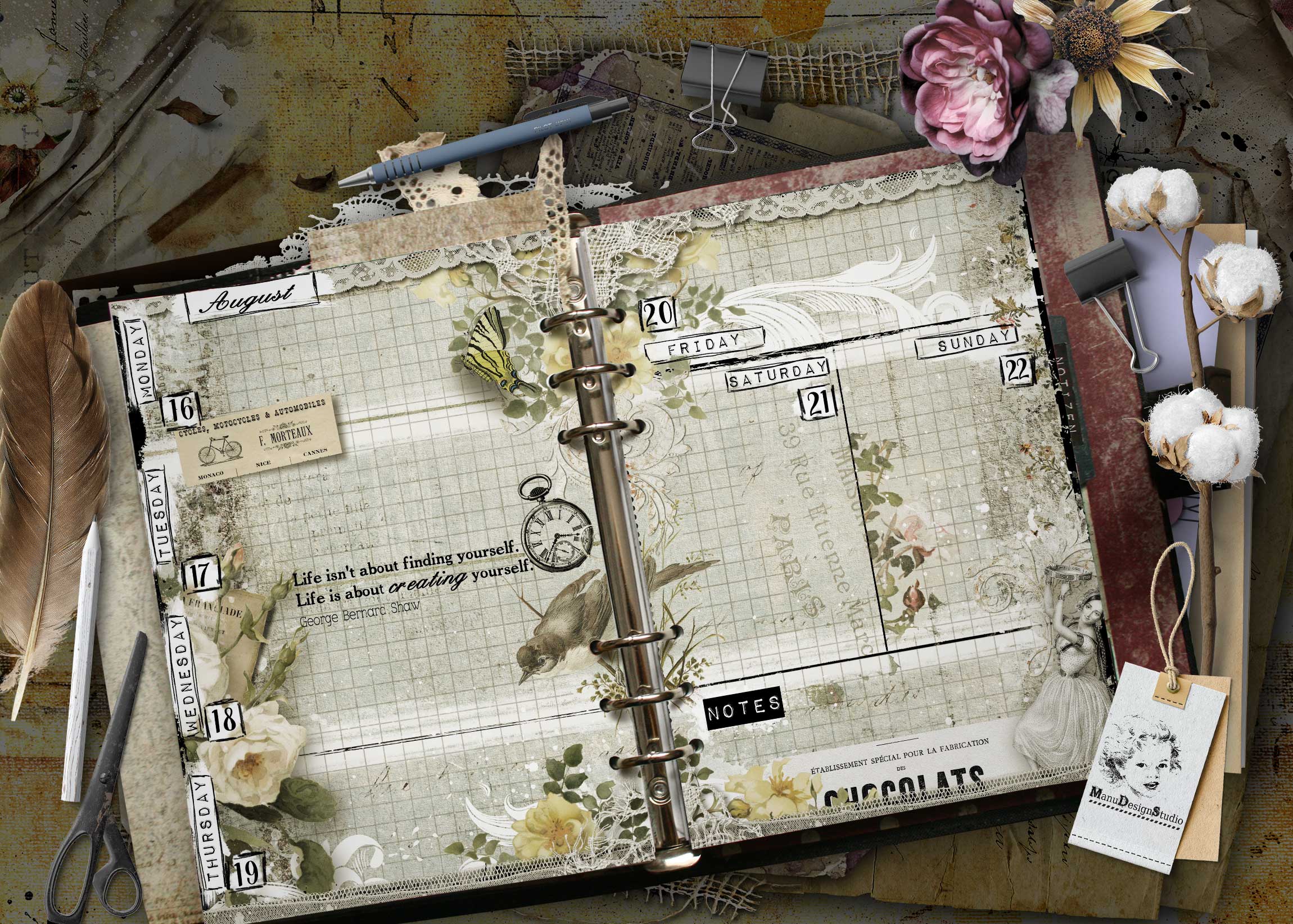 Open planner with floral collage, lace trim, binder rings, a blue pen, and scissors on a vintage desk; decorative scrapbook layout. Vintage A5 planner spread with antique paper and delicate illustrated details