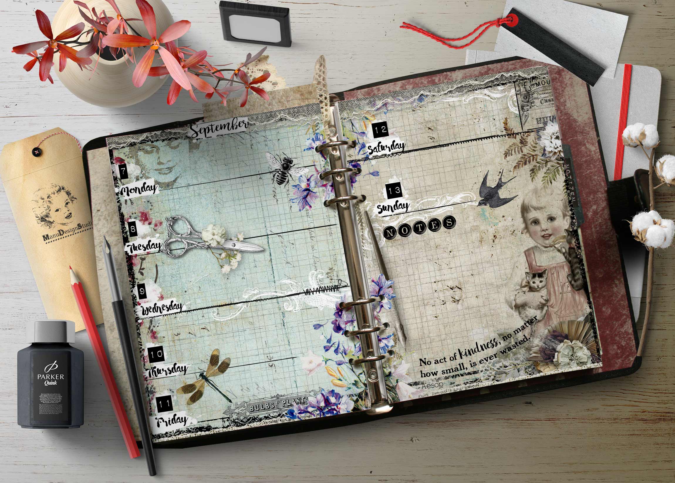 Open weekly planner spread with floral decorations and vintage stationery on a wooden desk.