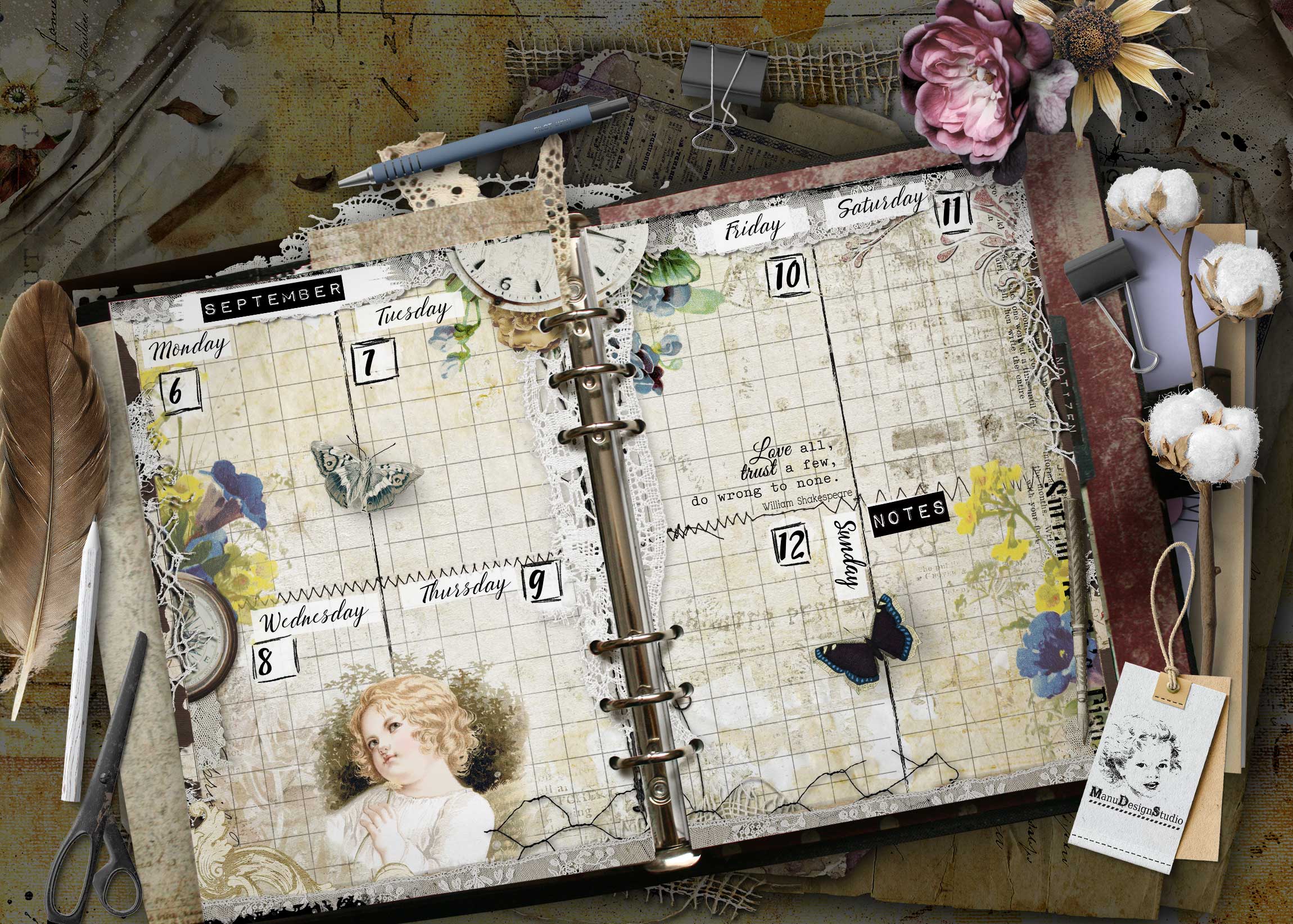 Vintage-style desk planner opened to a weekly calendar with handwritten days and dates, surrounded by scissors, clips, lace, and botanical illustrations. A5 weekly planner inserts with vintage child illustration and floral details