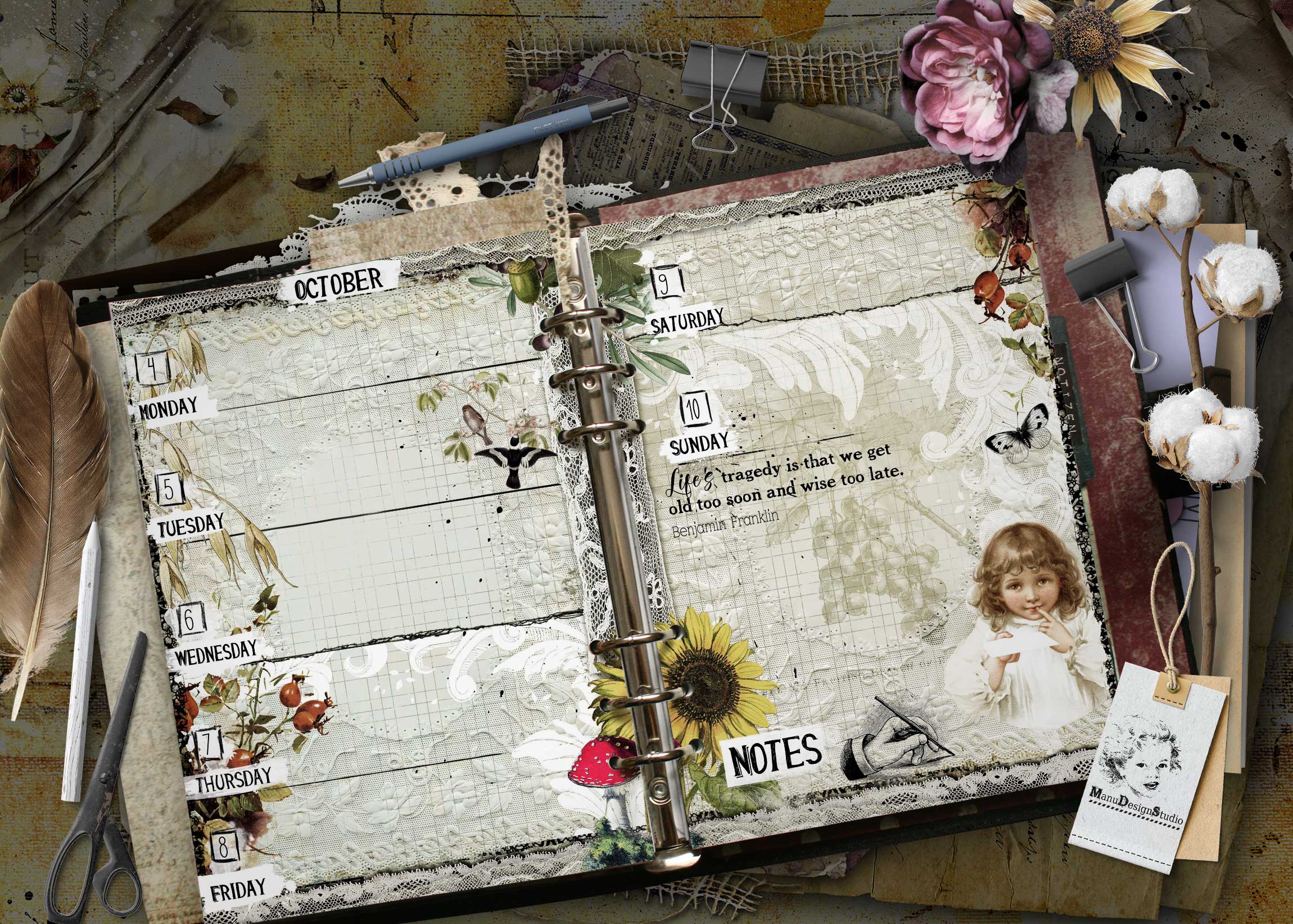 Decorative scrapbook planner open to a weekly layout with days of the week and notes, surrounded by flowers, lace, and vintage stationery pieces. Vintage A5 weekly planner with nostalgic child illustration and botanical elements