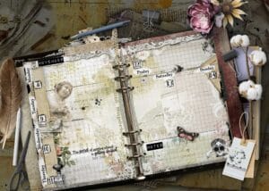 Collage of a vintage planner spread with a weekly calendar, lace, florals, clips, and a pen in a scrapbook style. A5 vintage weekly planner pages with illustrated figures and antique scrapbook details