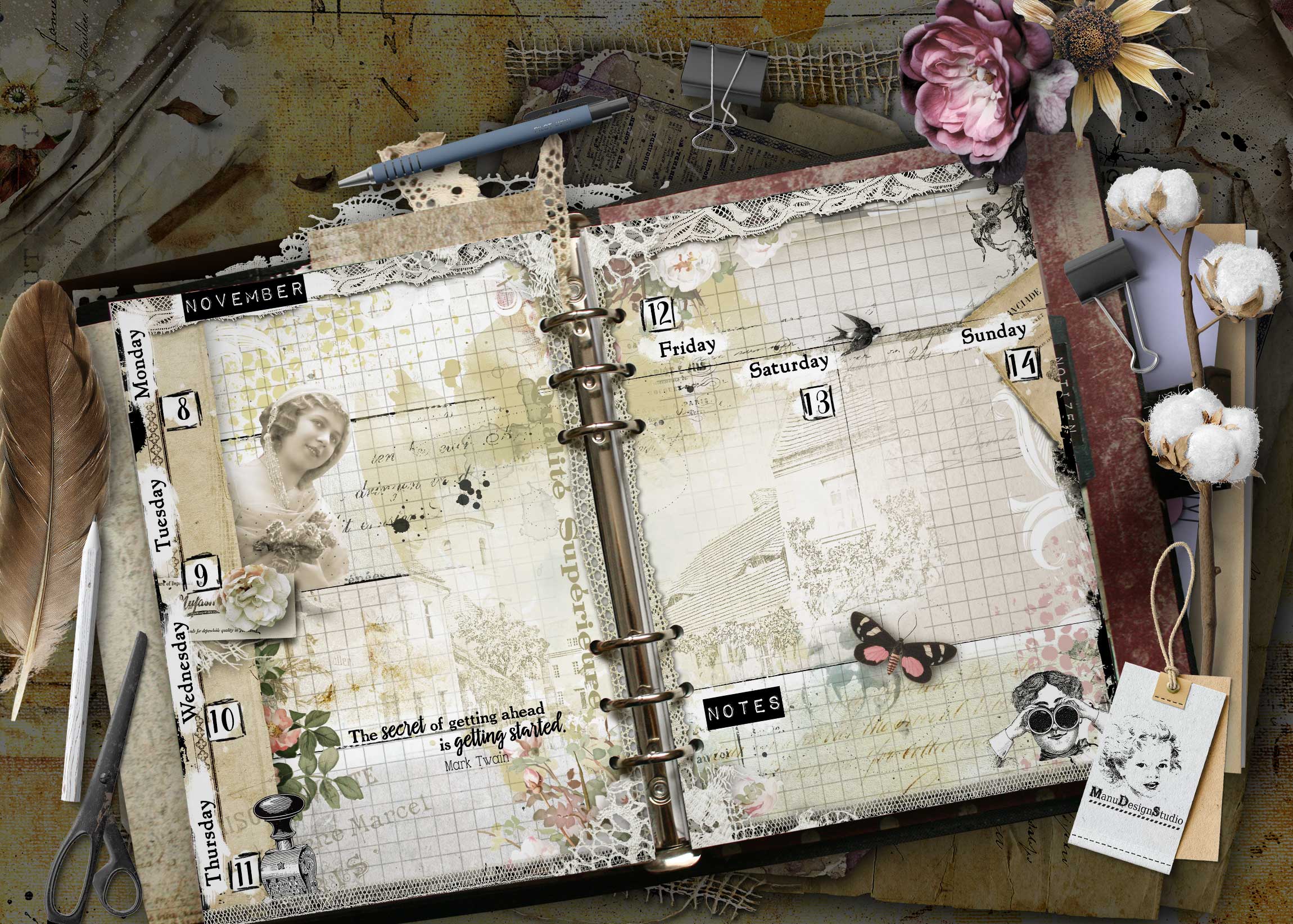 Collage of a vintage planner spread with a weekly calendar, lace, florals, clips, and a pen in a scrapbook style. A5 vintage weekly planner pages with illustrated figures and antique scrapbook details