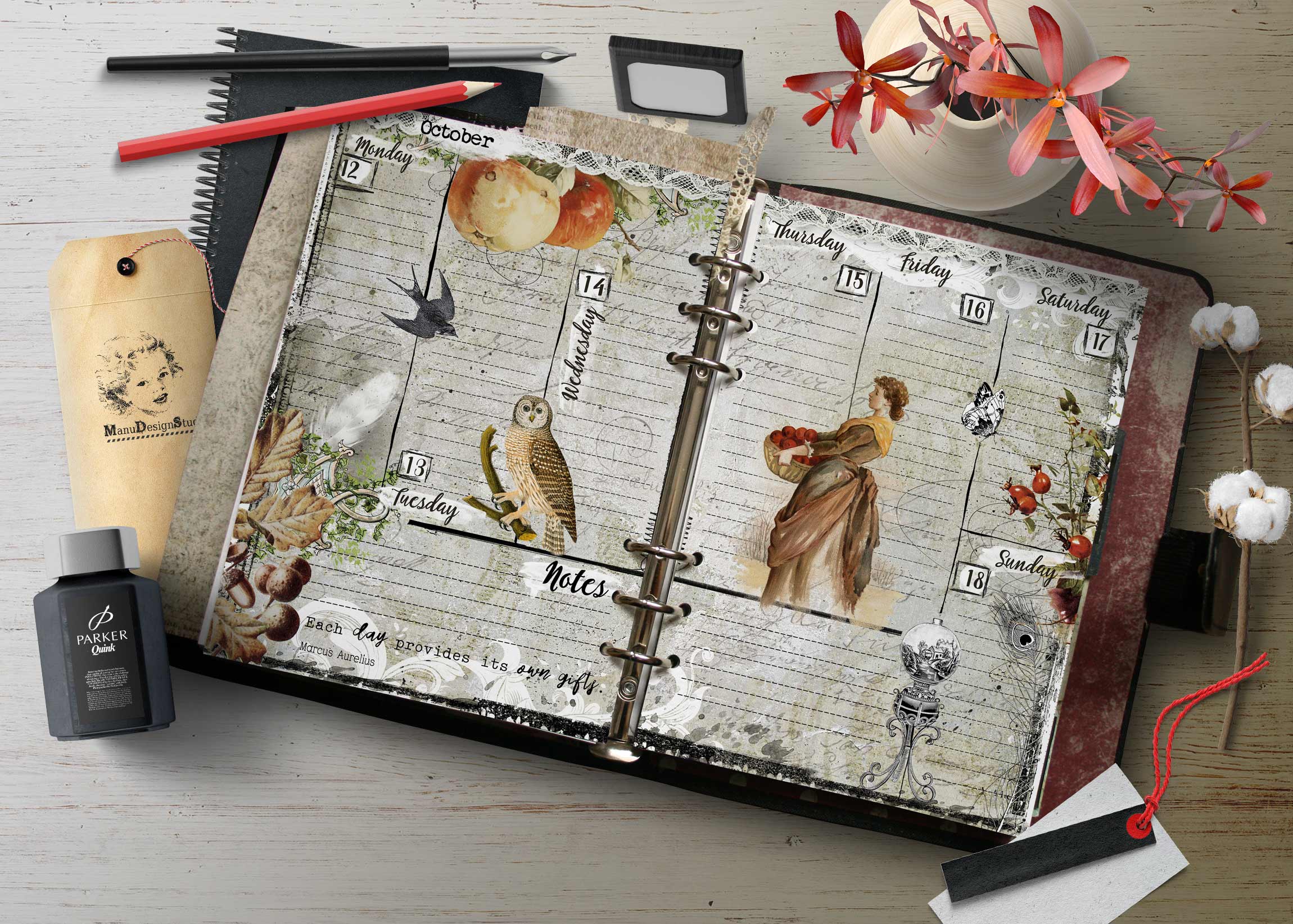 Overhead view of a decorative planner opened to a weekly layout with flowers and vintage illustrations beside pens and tags on a wooden desk.
