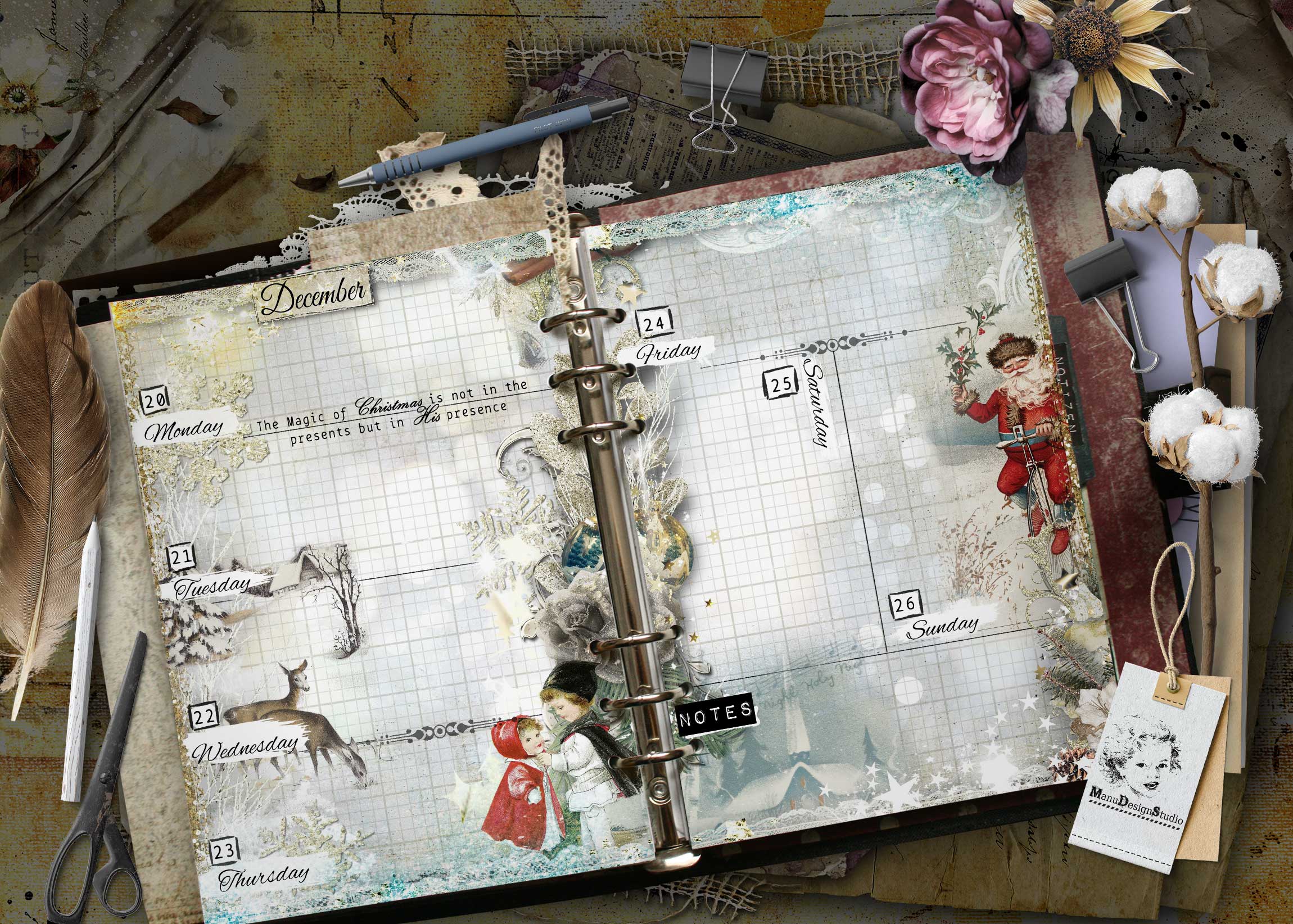 Open ring-bound planner showing December weekly layout with decorative lace, leaves, and holiday illustrations amid scissors and pens on a cluttered desk. Vintage illustrated A5 planner pages with floral and nostalgic scrapbook details