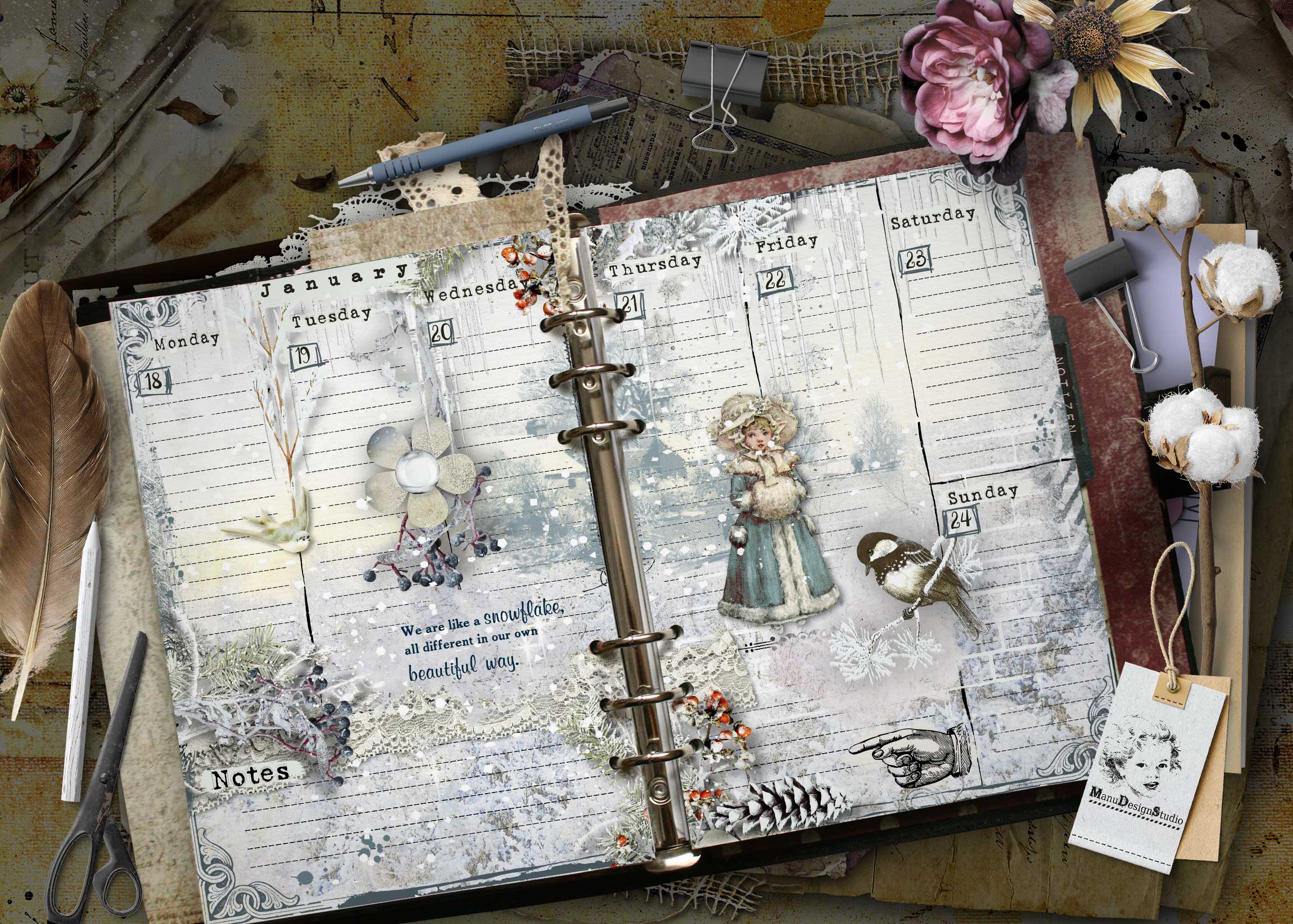 Open vintage planner with weekly pages, binder rings, and a blue pen on an ornate desk. 2027 A5 weekly planner inserts with vintage illustrated figures and scrapbook design