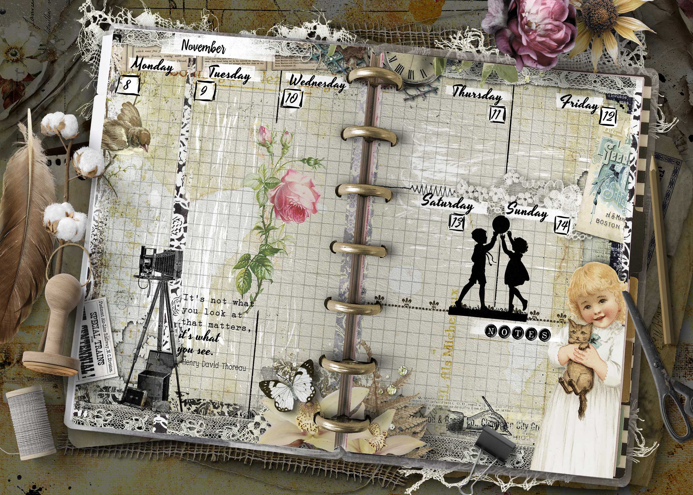 2027 Happy Planner Mini weekly refill pages with vintage family illustrations