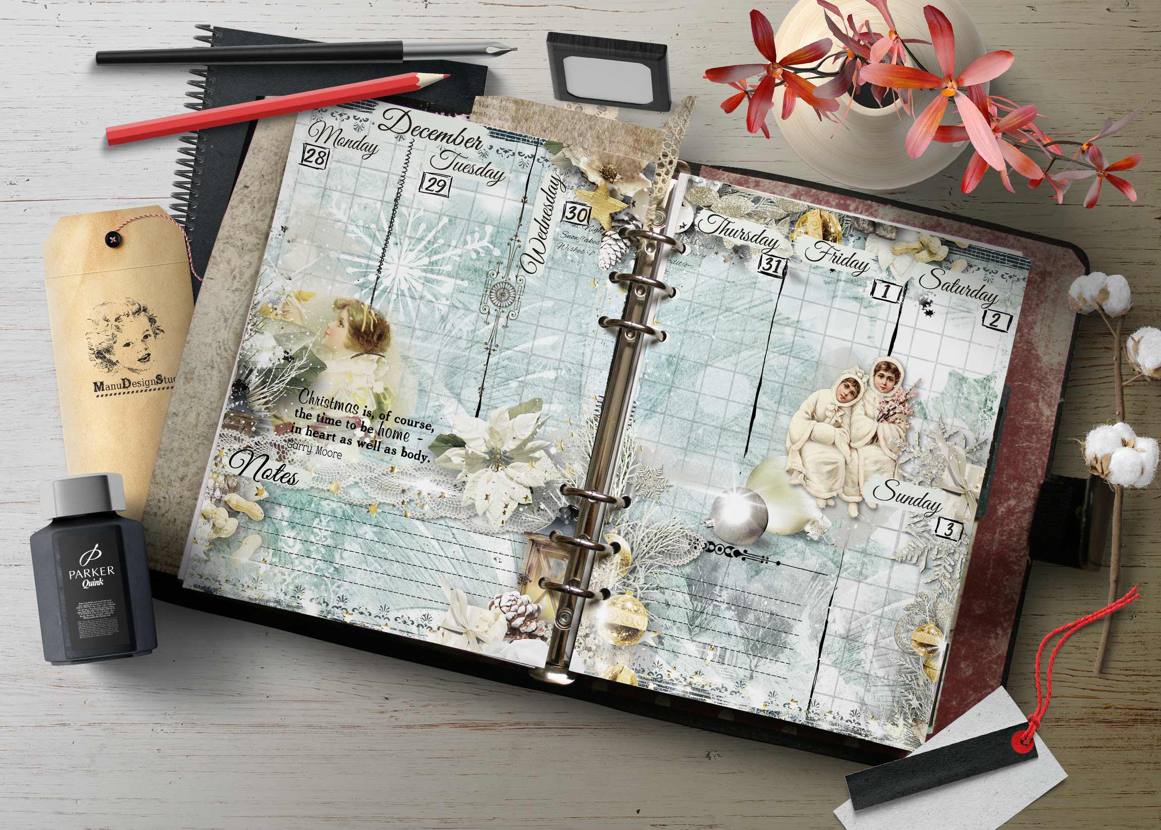 Flat lay of a decorative planner opened to a weekly calendar with flowers, pens, and an ink bottle on a light wooden surface.