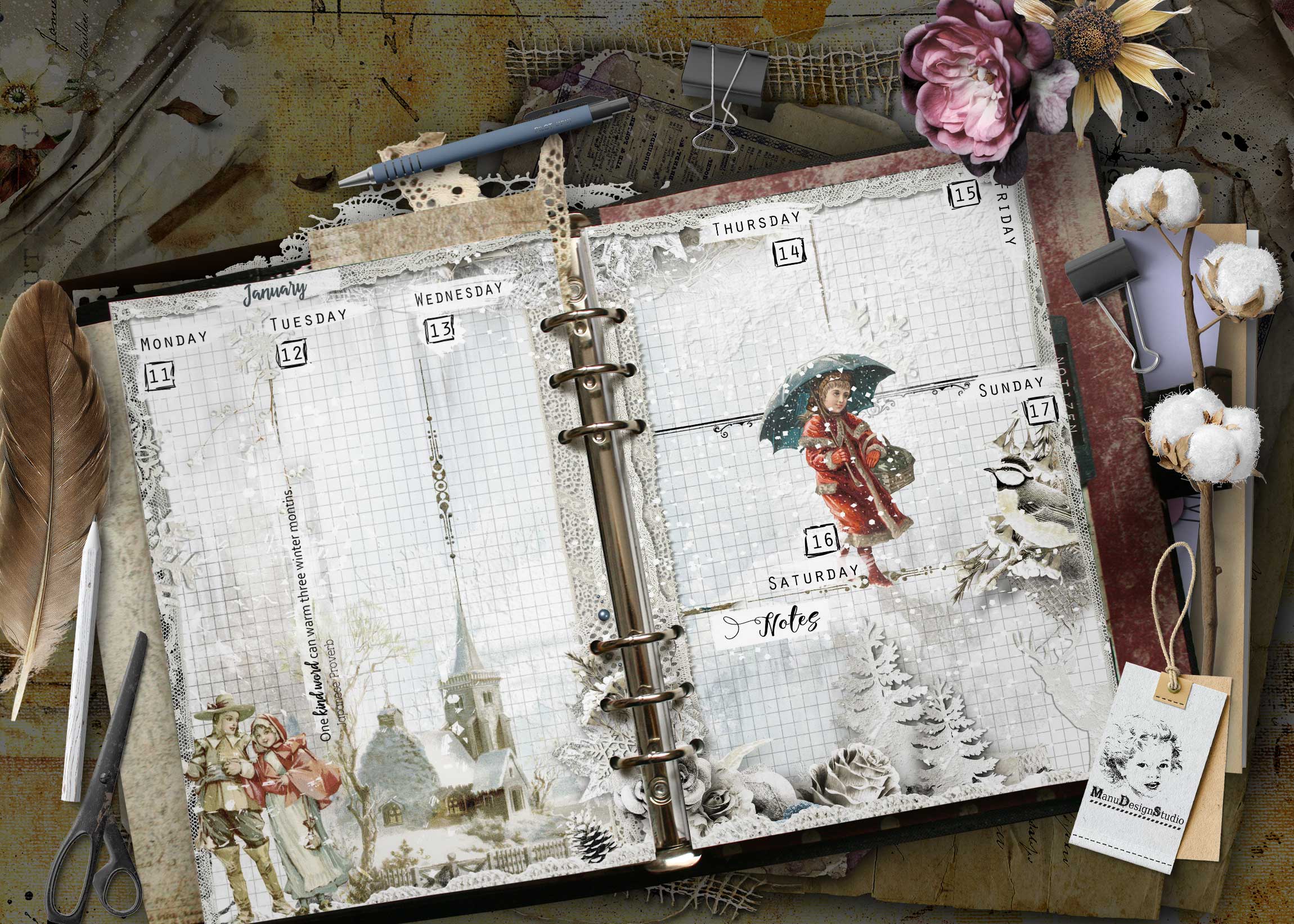 Open ring-bound planner with handwritten-style days of the week, surrounded by vintage stationery, lace, and decorative florals on a textured desk. A5 vintage weekly planner spread with nostalgic illustrated figures