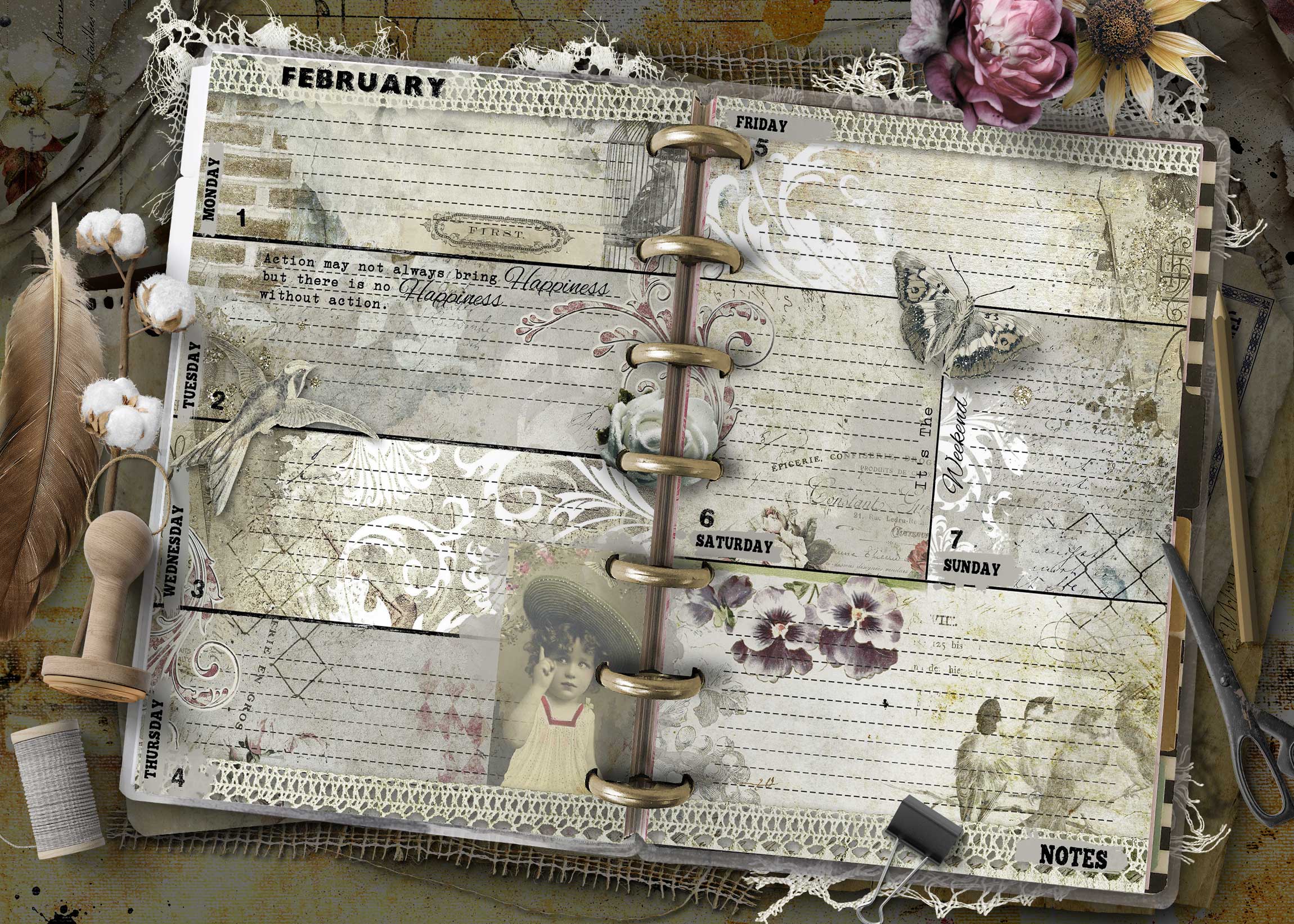 2027 Happy Planner Mini weekly planner pages with vintage botanical design