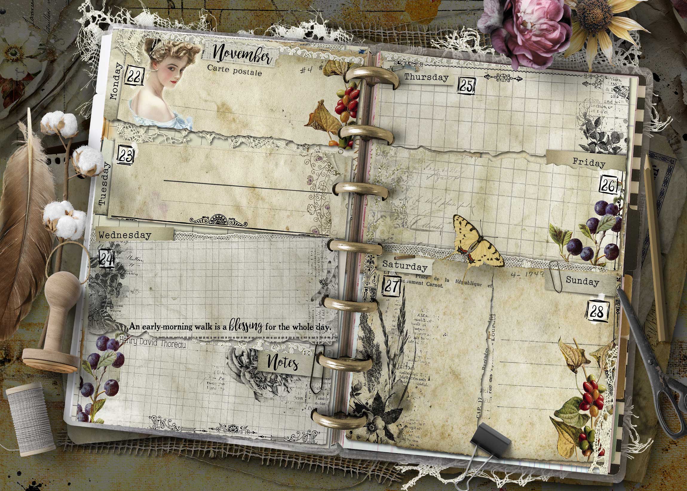 2027 Happy Planner Mini weekly planner pages with vintage botanical details