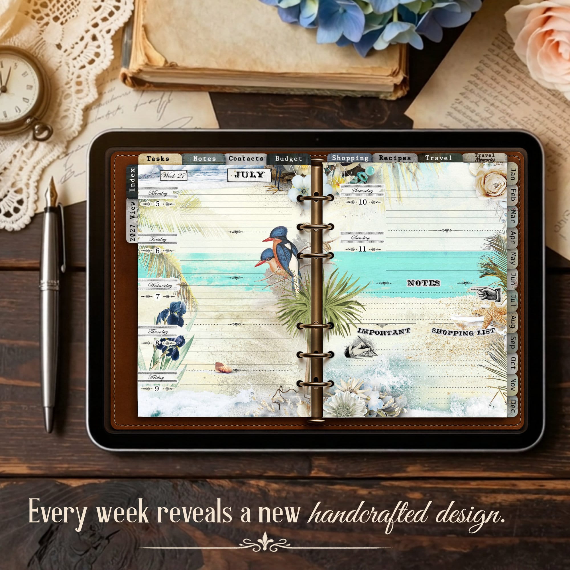 Tablet displaying a tropical-themed weekly planner with tabbed sections, surrounded by vintage items and script text at bottom.”