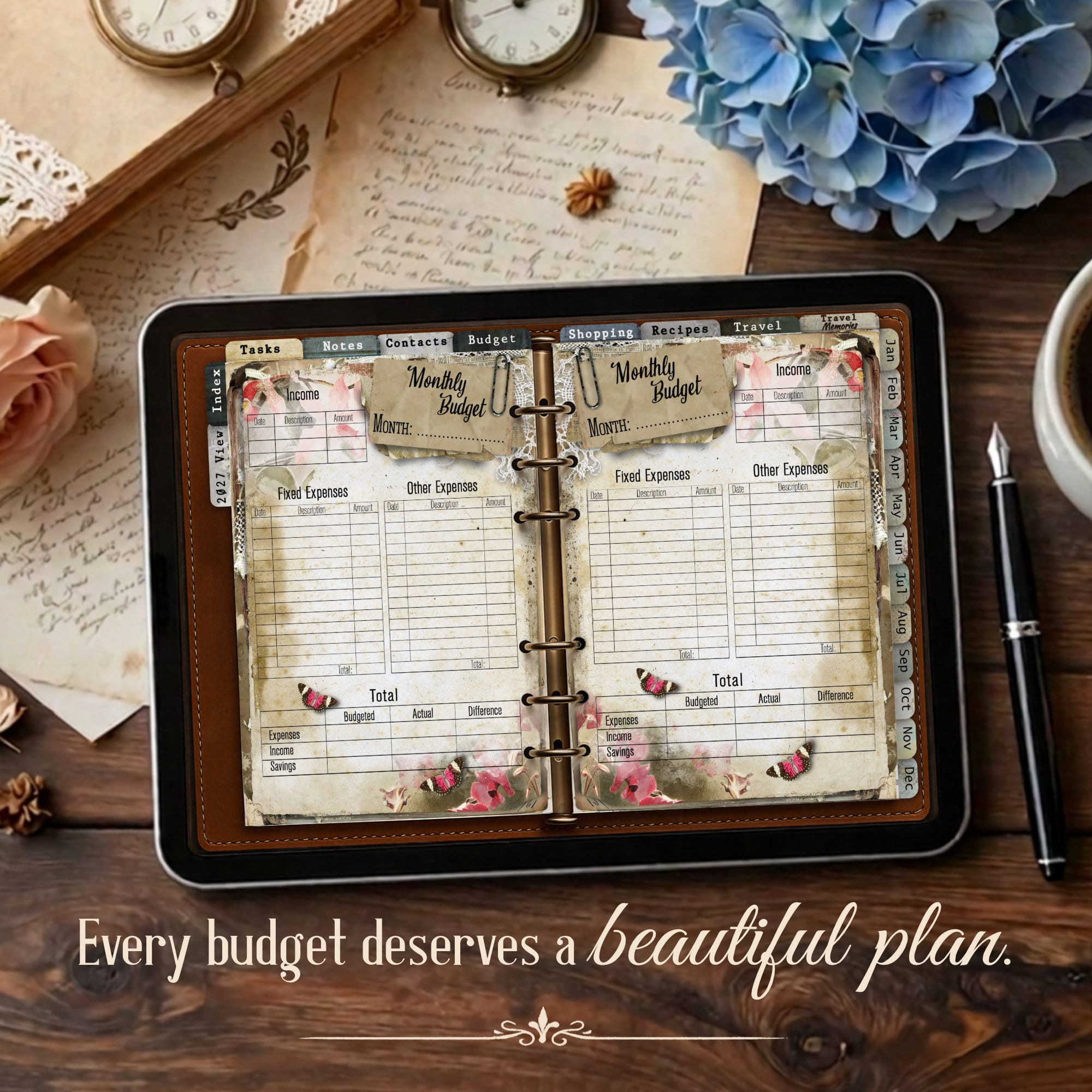Flat lay of an open budget digital planner on iPad on a wooden table, surrounded by blue hydrangeas, handwritten letters, and vintage clocks.