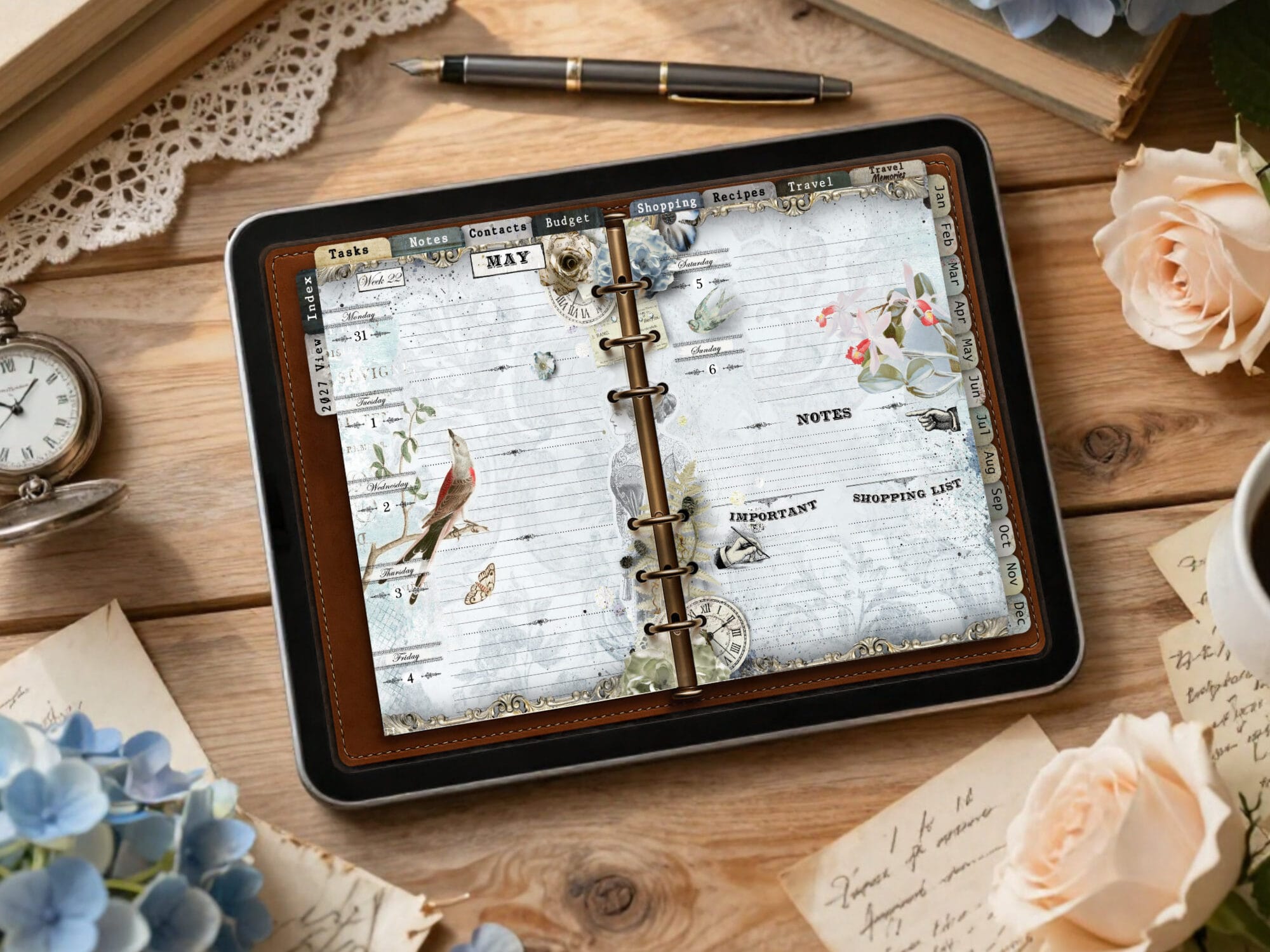 Vintage 2027 digital planner for iPad on a cozy wooden desk with coffee