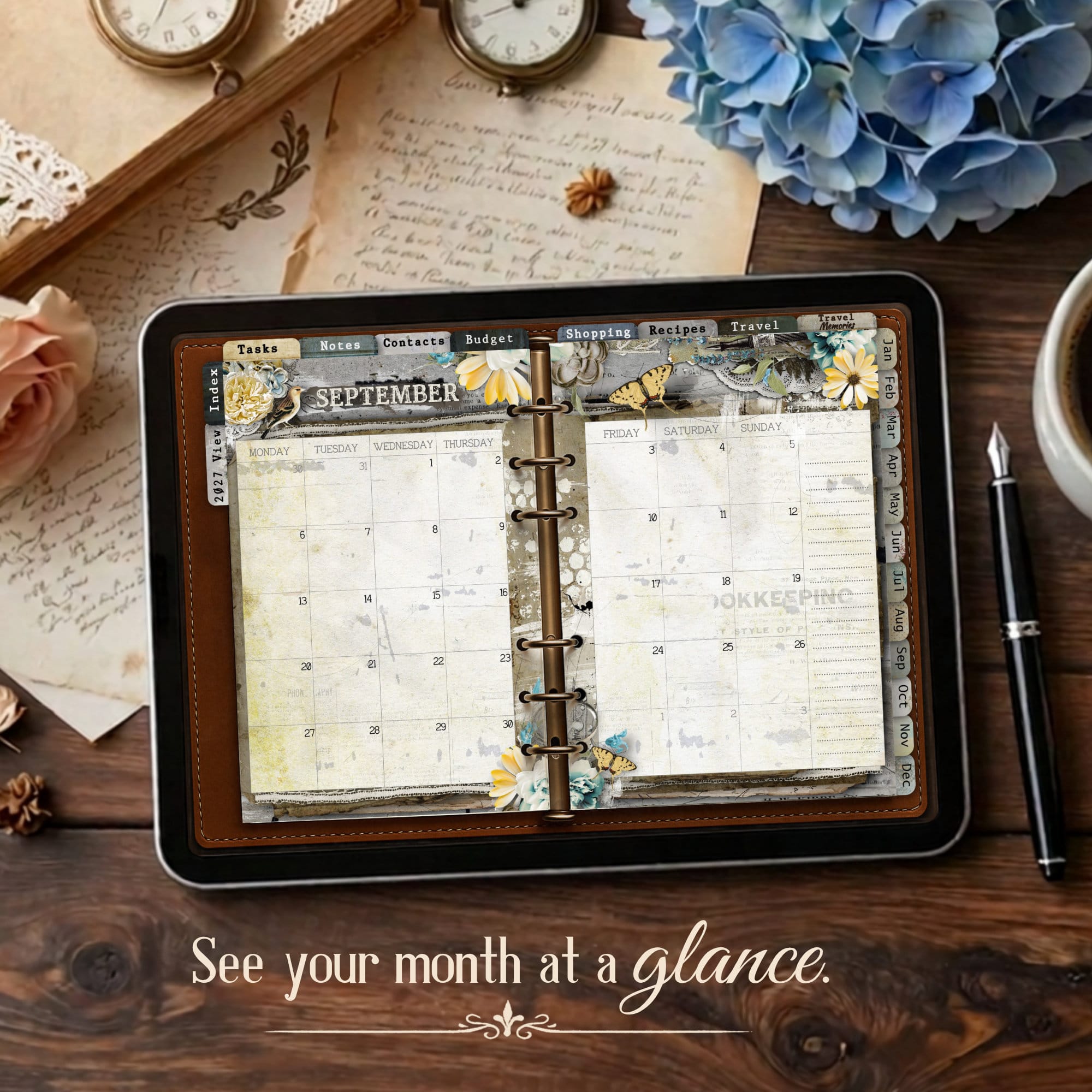 2027 vintage digital planner monthly calendar layout on iPad