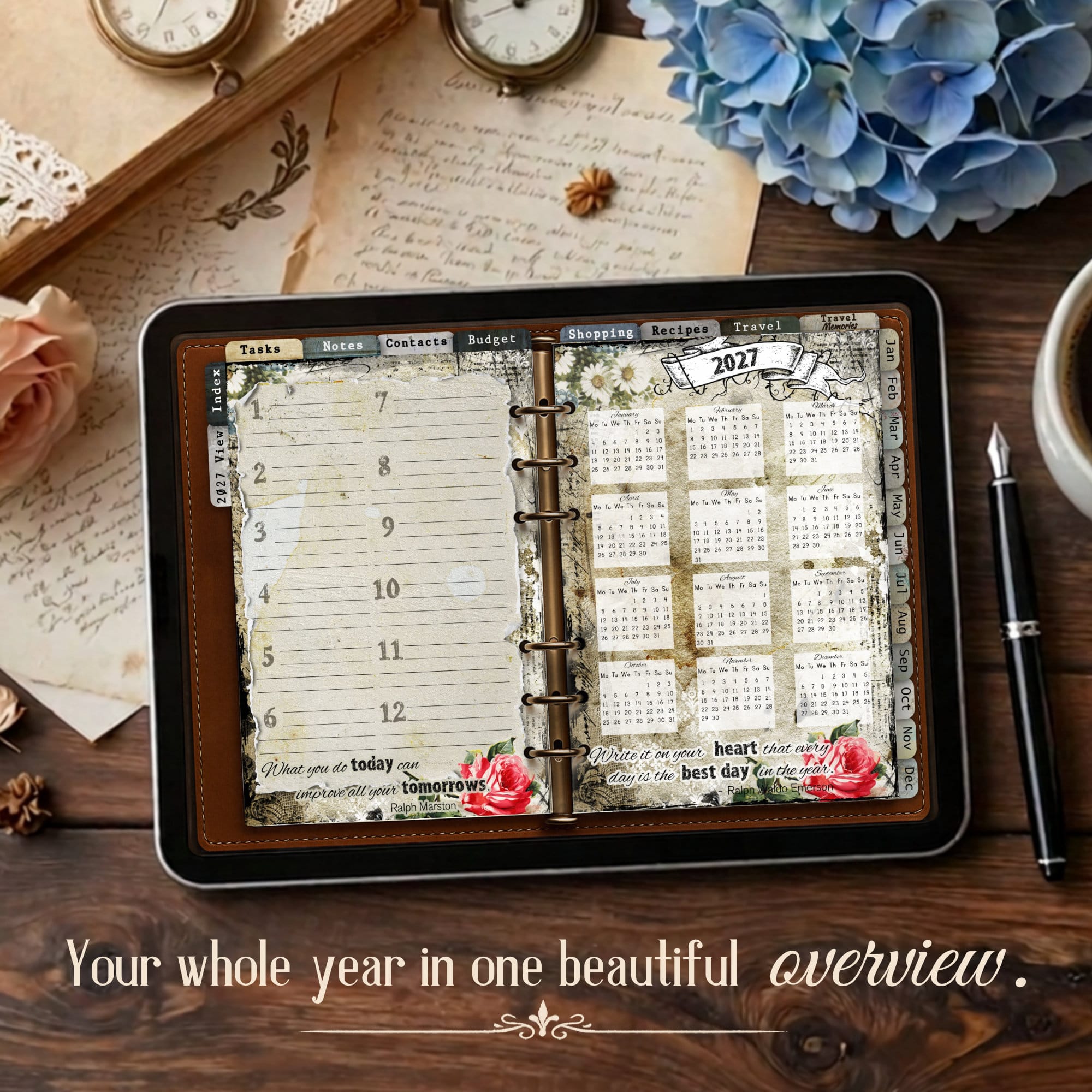 Open vintage planner on a wooden desk with calendar pages, flower bouquet, and handwritten notes.