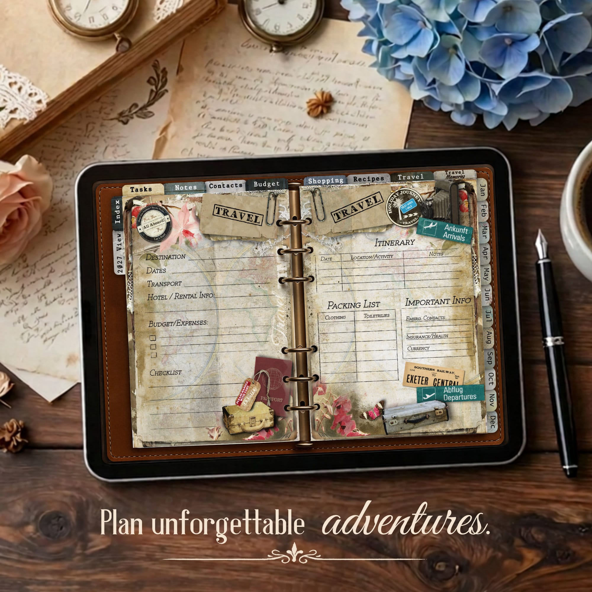 Top-down view of a vintage travel planner with tabbed sections, old letters, stamps, and blue hydrangeas on a wooden desk.