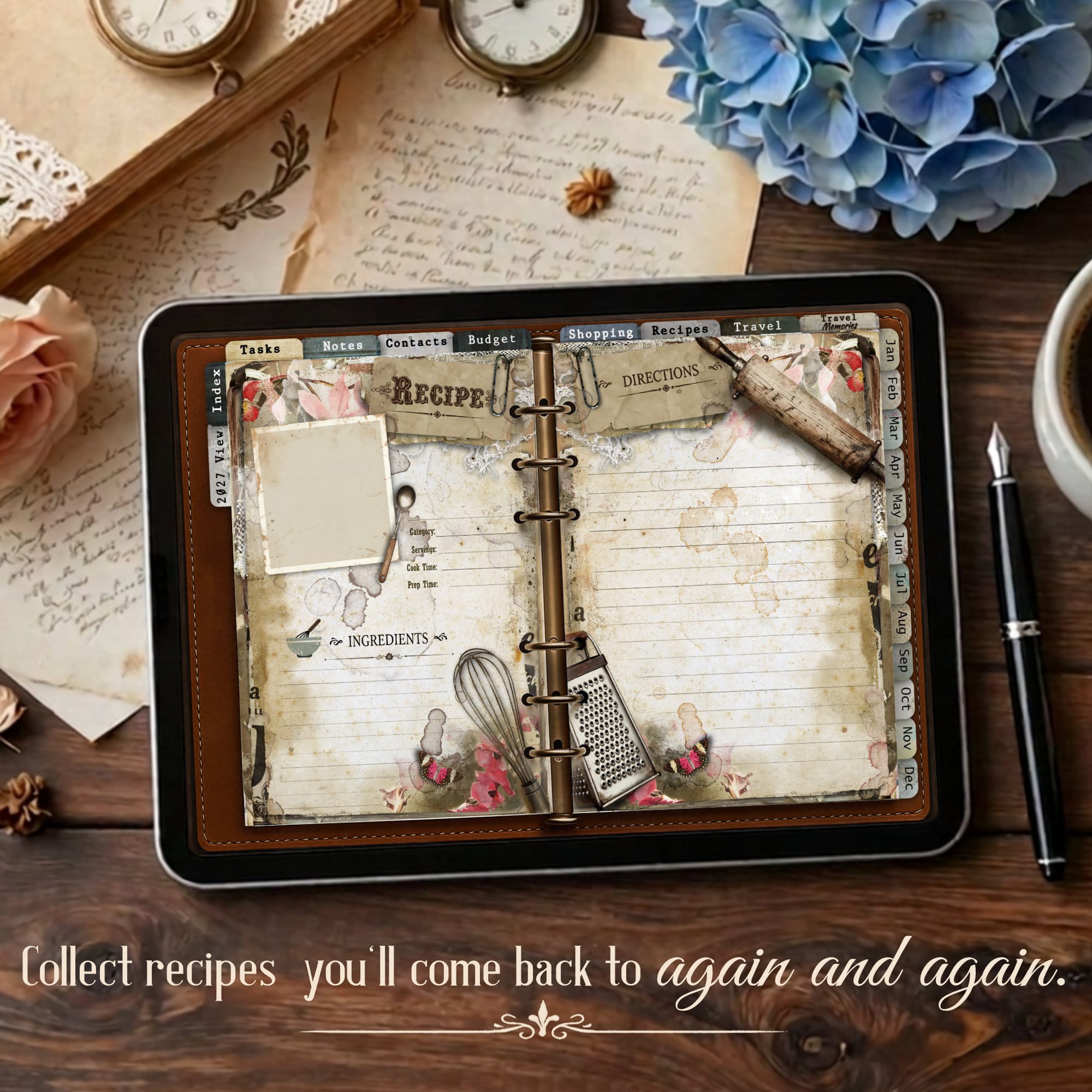Open recipe page on a digital planner on iPad on a wooden table with vintage handwritten pages, a bouquet of blue hydrangeas, and clock faces in the background.