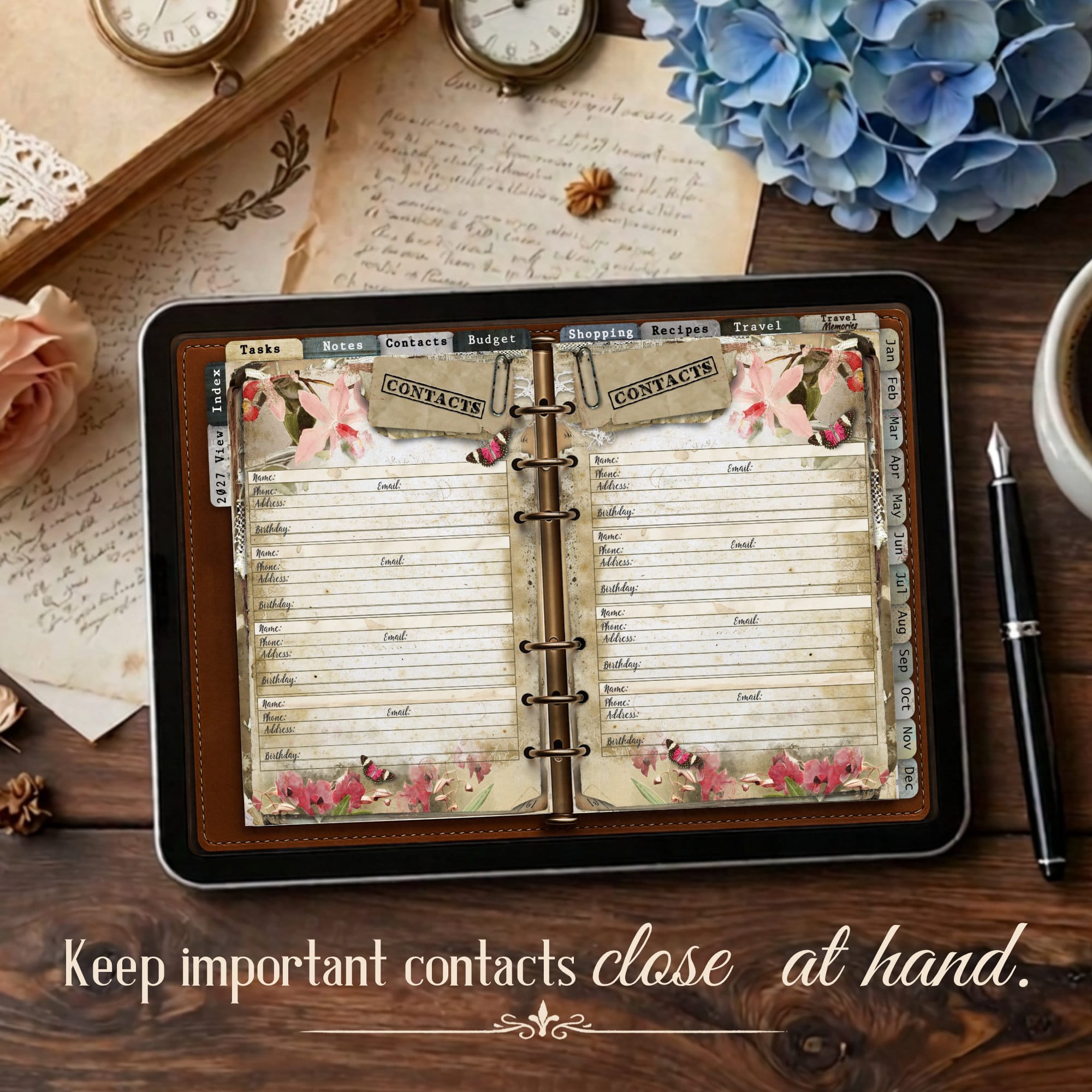 Tablet open to a vintage-style planner showing contact pages with floral borders and handwritten accents.