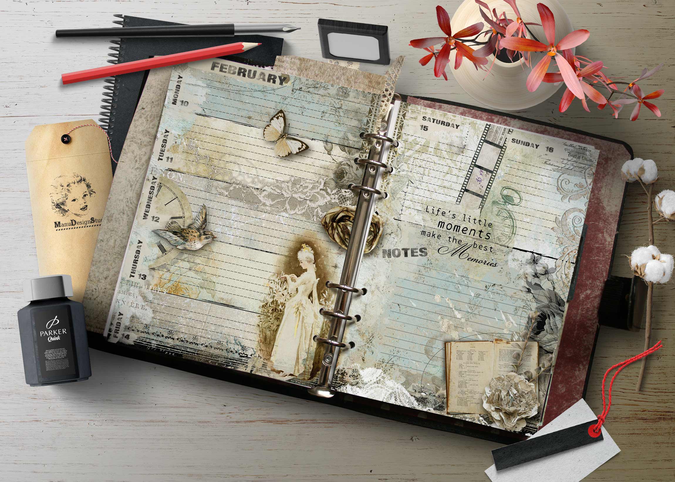 Flat lay of a vintage planner open to a weekly spread with decorative florals, butterfly, and keepsakes alongside a pen, ink bottle, and tags